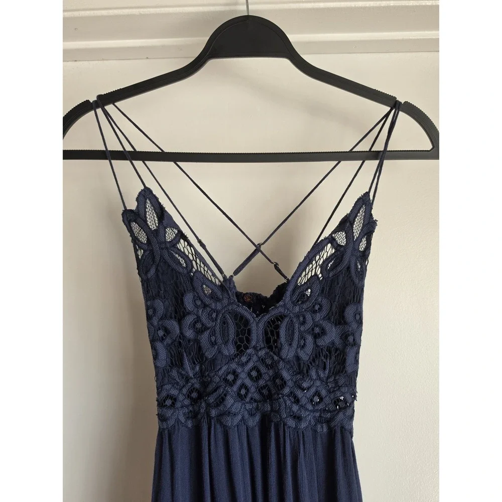 Free People Mini Dress S Navy Sleeveless V-Neck Boho Sundress Lace Babydoll